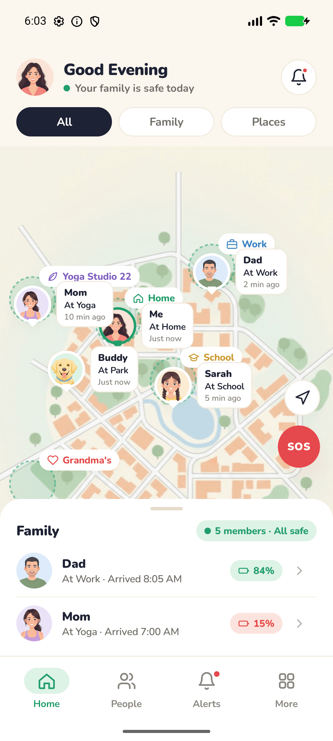 Actual Android app screenshot: Your family, on one map