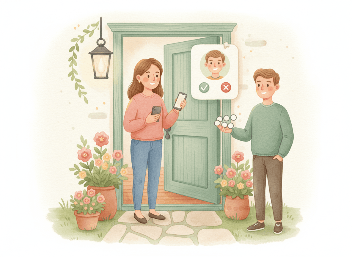 A mother at her front door approving a join request on her phone while a young man waits with a code